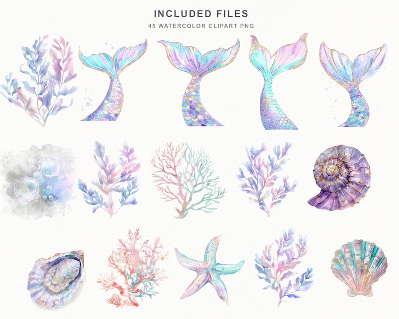 May include: Watercolor clipart set featuring mermaid tails, coral, seaweed, seashells, and a starfish. The illustrations are in shades of blue, purple, pink, and gold. The text "INCLUDED FILES 45 WATERCOLOR CLIPART PNG" is at the top.