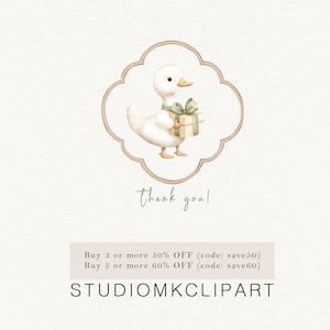 Puede incluir: Ilustraci&oacute;n en acuarela de un pato blanco sosteniendo una caja de regalo con una cinta verde, dentro de un marco decorativo. Las palabras "thank you!" est&aacute;n escritas debajo. La imagen tambi&eacute;n incluye el texto "STUDIOMKCLIPART".