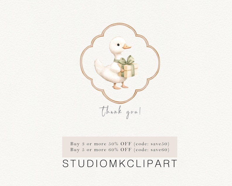 Puede incluir: Ilustraci&oacute;n en acuarela de un pato blanco sosteniendo una caja de regalo con una cinta verde, dentro de un marco decorativo. Las palabras "thank you!" est&aacute;n escritas debajo. La imagen tambi&eacute;n incluye el texto "STUDIOMKCLIPART".