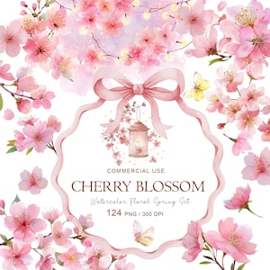 Clipart acquerello di fiori di ciliegio / PNG floreale rosa Sakura (124 file)