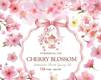 Cherry Blossom Watercolor Clipart | Pink Sakura Floral PNG (124 Files)