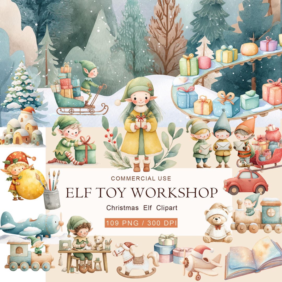 Watercolor Christmas Elf Clipart | Holiday Toy Workshop (120 PNG) - Etsy