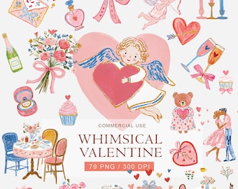 Grillige Valentijn-clipart | Schattige cupidohartjes en rozen | Pastelkleur aquarel Valentijn png | Romantische liefdesillustraties