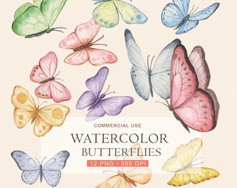Conjunto de imágenes prediseñadas de mariposas en acuarela: 12 mariposas en tonos pastel (PNG), ilustración de insectos primaverales, arte natural pintado a mano