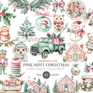 May include: A collection of watercolor Christmas clipart featuring a green truck, a snowman, a teddy bear, a nutcracker, a puppy, a kitten, a gingerbread house, a sleigh with gifts, a tea cup, and various holiday decorations with text.
