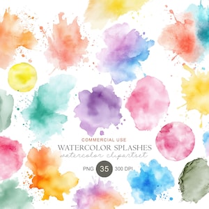 May include: A selection of watercolour splashes in shades of orange, pink, purple, and blue. The image includes the text "COMMERCIAL USE WATERCOLOR SPLASHES watercolor clip artset" and "PNG 35 300 DPI".