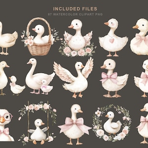 Puede incluir: Conjunto de im&aacute;genes predise&ntilde;adas de acuarela con varios patos y patitos blancos. Algunos patos tienen lazos rosas, otros est&aacute;n en una cesta o rodeados de flores. El texto en la parte superior dice "INCLUDED FILES" y "87 WATERCOLOR CLIPART PNG".
