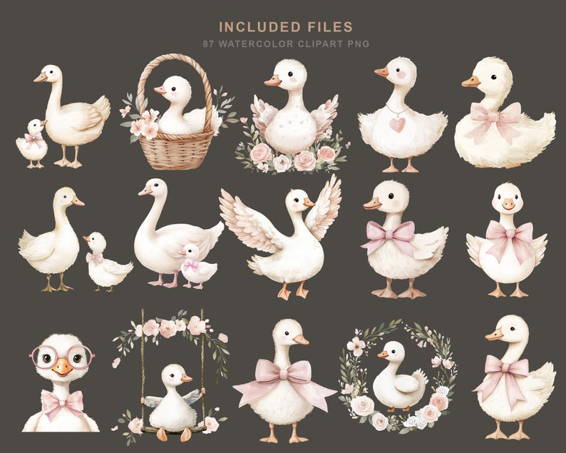 Puede incluir: Conjunto de im&aacute;genes predise&ntilde;adas de acuarela con varios patos y patitos blancos. Algunos patos tienen lazos rosas, otros est&aacute;n en una cesta o rodeados de flores. El texto en la parte superior dice "INCLUDED FILES" y "87 WATERCOLOR CLIPART PNG".