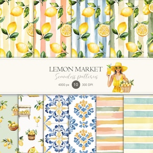 May include: A collection of watercolor seamless patterns featuring lemons and stripes in various colors. The patterns include yellow, pink, blue, and green stripes, as well as floral and tile designs. The text "Lemon Market Seamless patterns" is displayed.