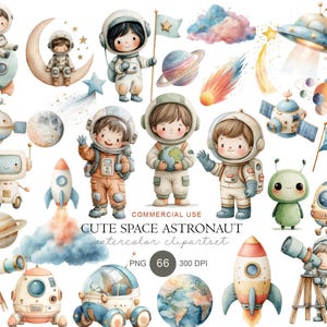 May include: A collection of watercolour space-themed illustrations featuring astronauts, rockets, planets, a UFO, a satellite, a telescope, and an alien. Text includes "COMMERCIAL USE", "CUTE SPACE ASTRONAUT", "watercolor clipartset", "PNG", "66", and "300 DPI".
