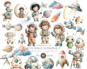 Könnte beinhalten: Eine digitale Sammlung von Aquarell-Illustrationen zum Thema Weltraum mit Astronauten in weißen Anzügen, Raketen, Planeten, einem grünen Alien, einem Satelliten, einem Teleskop und einem UFO. Der Text lautet: COMMERCIAL USE CUTE SPACE ASTRONAUT watercolor clipartset PNG 66 300 DPI.
