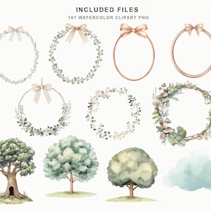 Op de afbeelding: Waterverf clipart set met kransen, strikken, bomen en een wolk. De kransen zijn versierd met bladeren en bloemen, sommige met strikken. De bomen zijn in verschillende vormen en maten, en de wolk is zachtblauw. De tekst bovenaan luidt "INCLUDED FILES 101 WATERCOLOR CLIPART PNG".