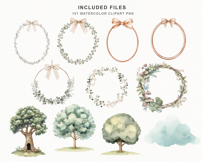 Op de afbeelding: Waterverf clipart set met kransen, strikken, bomen en een wolk. De kransen zijn versierd met bladeren en bloemen, sommige met strikken. De bomen zijn in verschillende vormen en maten, en de wolk is zachtblauw. De tekst bovenaan luidt "INCLUDED FILES 101 WATERCOLOR CLIPART PNG".