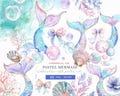 Mermaid Tail Clipart Bundle, Watercolor Ocean PNG, Pastel Sea Shell Coral Bubbles Clipart, Under the Sea Graphics