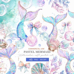 Puede incluir: Ilustración en acuarela de colas de sirenas pastel, conchas marinas, burbujas y lazos. La imagen tiene una estética suave y soñadora con una paleta de colores de azules, morados y rosas. El texto en la imagen dice "PASTEL MERMAID" y "Watercolor soft pastel set".