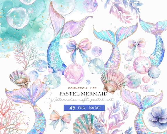 Mermaid Tail Clipart Bundle, Watercolor Ocean PNG, Pastel Sea Shell Coral Bubbles Clipart, Under the Sea Graphics