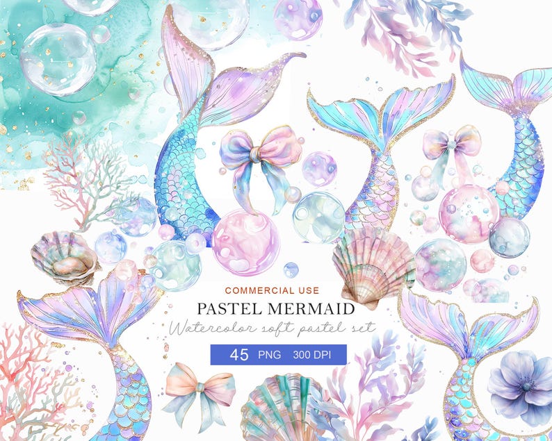 May include: Watercolor illustration of pastel mermaid tails, seashells, bubbles, and bows. The image has a soft, dreamy aesthetic with a color palette of blues, purples, and pinks. Text on the image reads "PASTEL MERMAID" and "Watercolor soft pastel set".