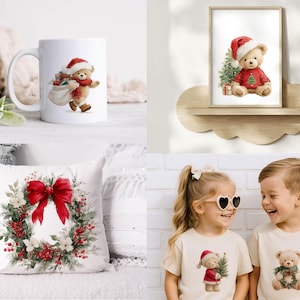 May include: A white ceramic mug with a teddy bear in a Santa hat, a framed print of a teddy bear with a Christmas tree, a white throw pillow featuring a festive wreath with a red bow, and two children wearing shirts with teddy bear graphics.