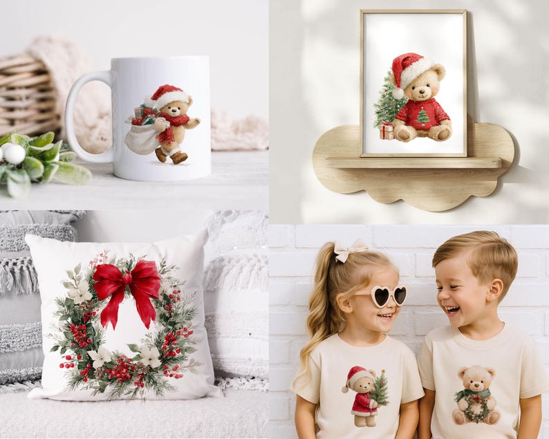 May include: A white ceramic mug with a teddy bear in a Santa hat, a framed print of a teddy bear with a Christmas tree, a white throw pillow featuring a festive wreath with a red bow, and two children wearing shirts with teddy bear graphics.
