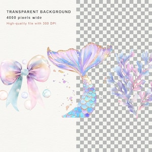 May include: Watercolor illustrations of a mermaid tail, bow, and coral in pastel colors. The mermaid tail is blue and gold. The bow is pink, blue, and gold. The coral is blue and pink. The image has a transparent background and is 4000 pixels wide.