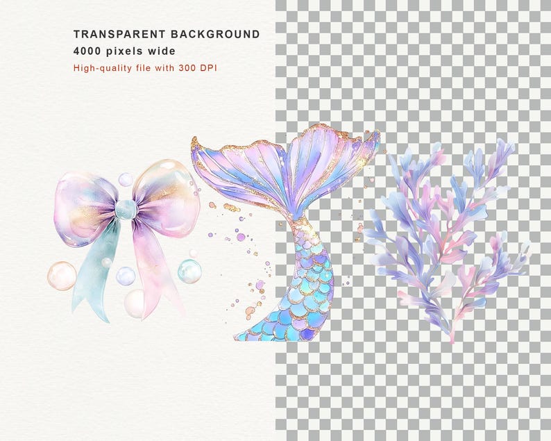 May include: Watercolor illustrations of a mermaid tail, bow, and coral in pastel colors. The mermaid tail is blue and gold. The bow is pink, blue, and gold. The coral is blue and pink. The image has a transparent background and is 4000 pixels wide.
