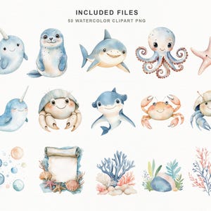 Soft watercolor ocean baby clipart bundle featuring cute sea animals, sea turtles, sharks, whales, dolphins, narwhals, octopus, crab, clownfish, seahorse, starfish, shells, coral, bubbles, seaweed, treasure chests, and nautical nursery elements in pastel blue and coastal tones.