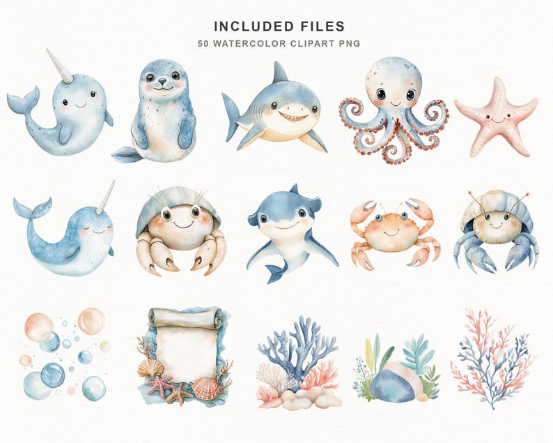 Soft watercolor ocean baby clipart bundle featuring cute sea animals, sea turtles, sharks, whales, dolphins, narwhals, octopus, crab, clownfish, seahorse, starfish, shells, coral, bubbles, seaweed, treasure chests, and nautical nursery elements in pastel blue and coastal tones.