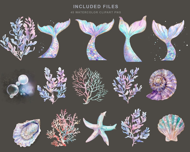 May include: Watercolor clipart set featuring mermaid tails, seaweed, seashells, and a starfish. The illustrations are in shades of blue, purple, and pink with gold accents. The text "INCLUDED FILES 45 WATERCOLOR CLIPART PNG" is at the top.