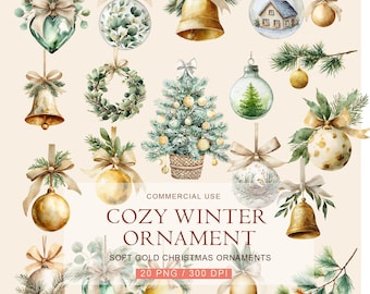 Watercolor Christmas Ornaments Clipart Set – Gold Bells, Green Wreaths & Tree Baubles, Elegant Holiday Decor