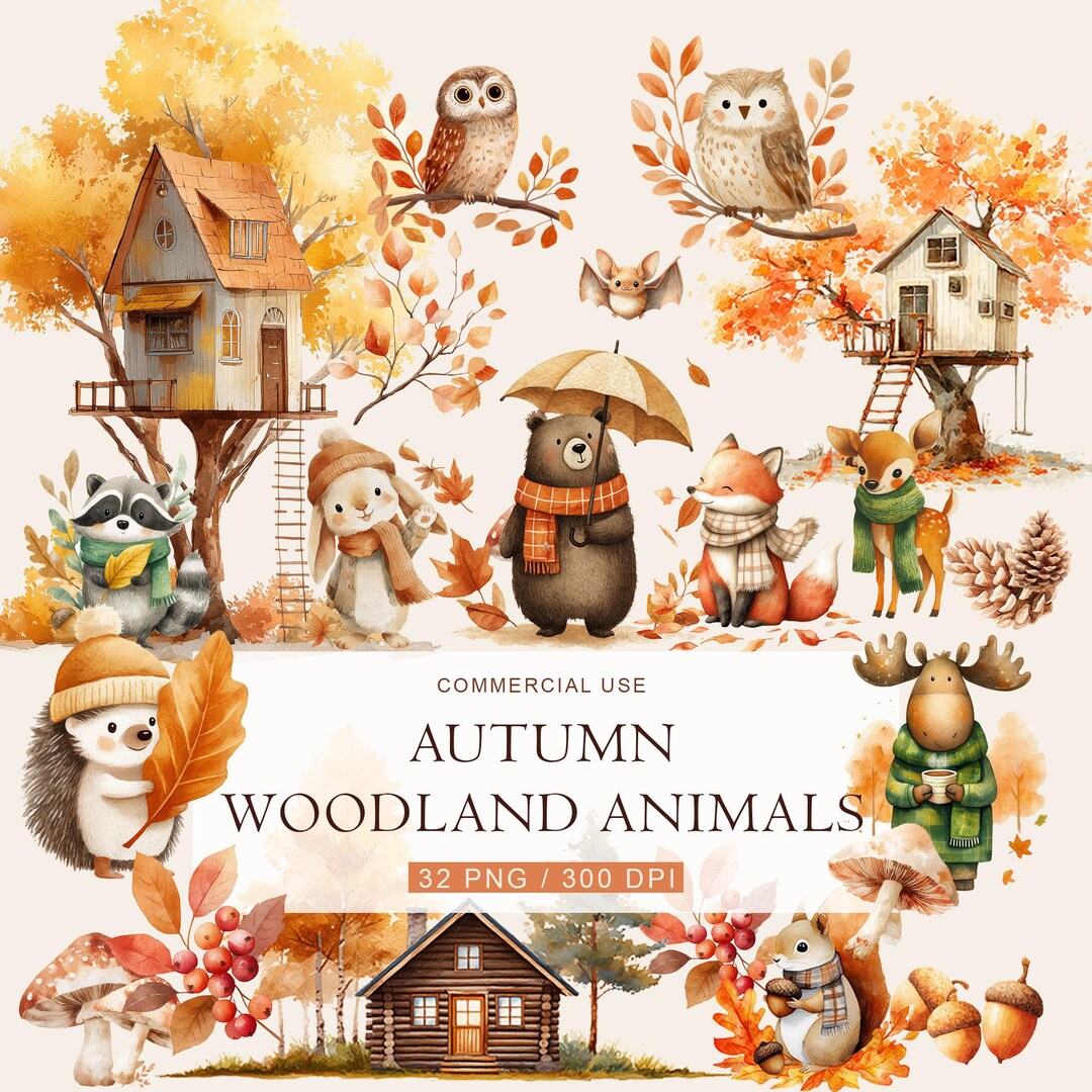 Watercolor Autumn Animals Clipart | Fall Woodland PNG Set (32 PNG) - Etsy