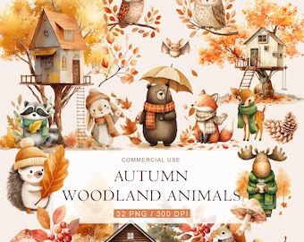 Watercolor Autumn Animals Clipart | Fall Woodland PNG Set (32 PNG)