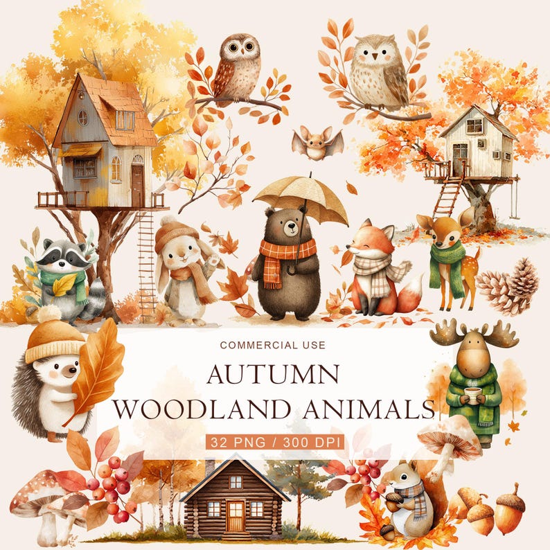 Watercolor Autumn Animals Clipart | Fall Woodland PNG Set (32 PNG) - Etsy