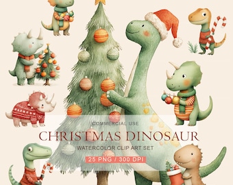 May include: Watercolor clip art set featuring Christmas dinosaurs. The image includes a decorated Christmas tree, ornaments, and several dinosaurs wearing festive attire. The text reads "Christmas Dinosaur" and "Watercolor Clip Art Set".