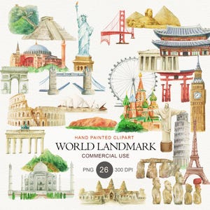 May include: Watercolor illustrations of world landmarks, including the Statue of Liberty, Eiffel Tower, Big Ben, and the Taj Mahal. The text reads "WORLD LANDMARK" and "COMMERCIAL USE".