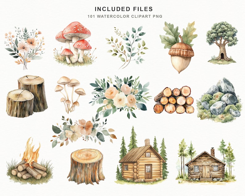 Op de afbeelding: Watercolor clipart set met diverse bos elementen. Bevat illustraties van paddenstoelen, bloemen, boomstronken, een hut, een eikel en een kampvuur. De tekst "INCLUDED FILES 101 WATERCOLOR CLIPART PNG" staat bovenaan.