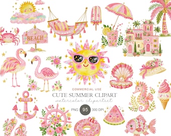 Watercolor Summer Beach Clipart Set, Tropical Flamingo Pool Party Graphics (Digital Download)