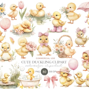 May include: A digital collection of watercolor illustrations featuring yellow ducklings in various poses, including wearing pink hats, holding flowers, sitting in a bathtub, and carrying balloons, with floral accents and a pink bow.