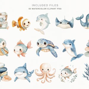 Soft watercolor ocean baby clipart bundle featuring cute sea animals, sea turtles, sharks, whales, dolphins, narwhals, octopus, crab, clownfish, seahorse, starfish, shells, coral, bubbles, seaweed, treasure chests, and nautical nursery elements in pastel blue and coastal tones.