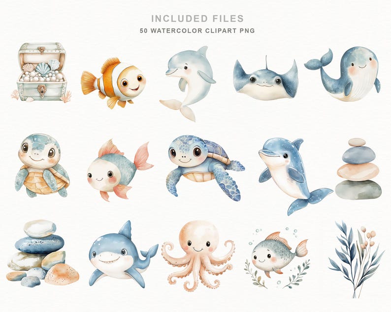 Soft watercolor ocean baby clipart bundle featuring cute sea animals, sea turtles, sharks, whales, dolphins, narwhals, octopus, crab, clownfish, seahorse, starfish, shells, coral, bubbles, seaweed, treasure chests, and nautical nursery elements in pastel blue and coastal tones.