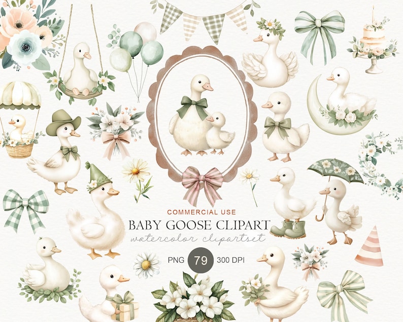 Puede incluir: Conjunto de im&aacute;genes predise&ntilde;adas de acuarela con gansos beb&eacute;s en varias poses, con detalles florales y lazos. Incluye gansos con sombreros, lazos y sosteniendo paraguas. El texto "BABY GOOSE CLIPART" es visible. Formato PNG, 79, 300 DPI.