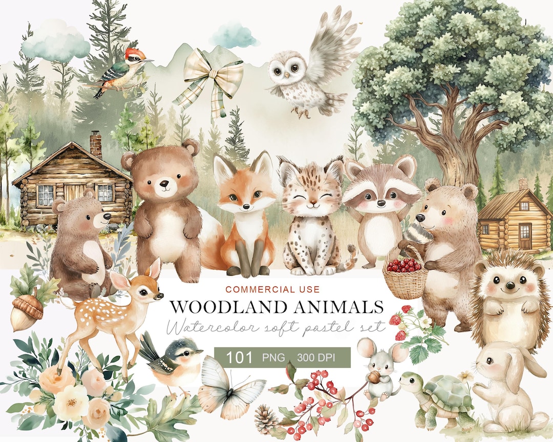 Watercolor Woodland Animals Clipart, Forest Creatures PNG Bundle (Digital Download)