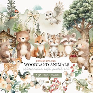 Op de afbeelding: Waterverfillustratie van bosdieren, waaronder beren, vossen en uilen. De afbeelding heeft een zacht pastelkleurenpalet met een bosachtergrond, een hut en de tekst "WOODLAND ANIMALS".