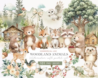Watercolor Woodland Animals Clipart, Forest Creatures PNG Bundle (Digital Download)