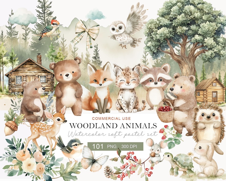 Op de afbeelding: Waterverfillustratie van bosdieren, waaronder beren, vossen en uilen. De afbeelding heeft een zacht pastelkleurenpalet met een bosachtergrond, een hut en de tekst "WOODLAND ANIMALS".