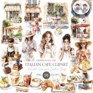 May include: Watercolor illustrations of an Italian cafe scene, featuring people, coffee, pastries, and cafe exteriors. The text "ITALIAN CAFE CLIPART" and "Amalfi Summer Coffee Shop" is visible. The image includes a variety of coffee drinks and desserts.