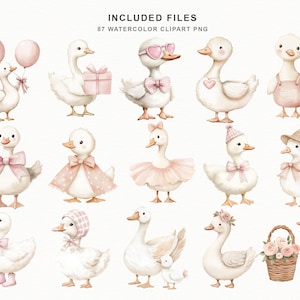 Soft pink baby goose clipart bundle with bows, flowers, balloons, frames, and nursery elements