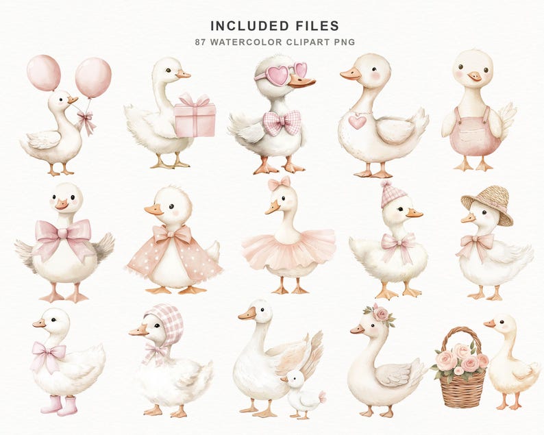 Soft pink baby goose clipart bundle with bows, flowers, balloons, frames, and nursery elements