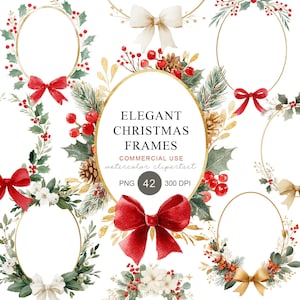 Pode incluir: Uma coleção de molduras de Natal em aguarela com bordas ovais douradas, laços vermelhos, laços cor de creme, folhas de azevinho, ramos de pinheiro, pinhas e bagas vermelhas. O texto central diz ELEGANT CHRISTMAS FRAMES COMMERCIAL USE watercolor clipartset PNG 42 300 DPI.