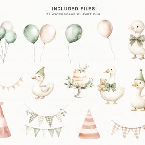 Puede incluir: Conjunto de im&aacute;genes predise&ntilde;adas de acuarela con globos, banderines, gorros de fiesta y patos. Los patos est&aacute;n adornados con lazos y gorros de fiesta. Tambi&eacute;n se incluye un pastel con decoraciones florales y un osito de peluche. El texto "INCLUDED FILES 79 WATERCOLOR CLIPART PNG" est&aacute; en la parte superior.