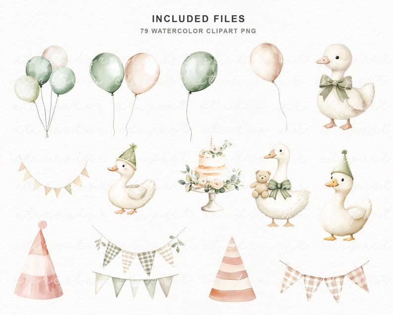 Puede incluir: Conjunto de im&aacute;genes predise&ntilde;adas de acuarela con globos, banderines, gorros de fiesta y patos. Los patos est&aacute;n adornados con lazos y gorros de fiesta. Tambi&eacute;n se incluye un pastel con decoraciones florales y un osito de peluche. El texto "INCLUDED FILES 79 WATERCOLOR CLIPART PNG" est&aacute; en la parte superior.